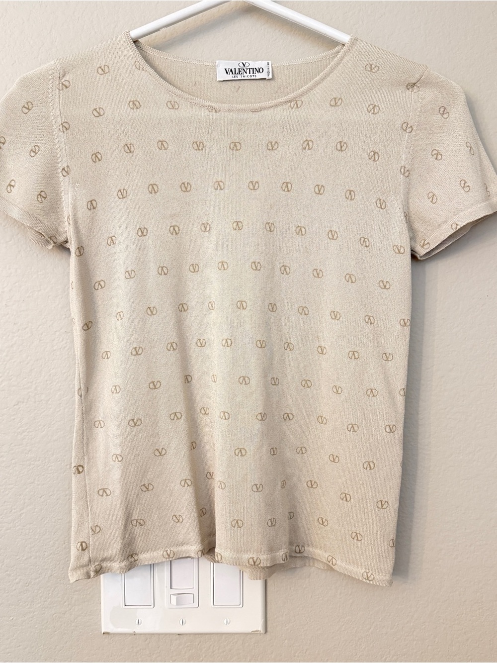 Valentino x Miss Deanna Vintage 90’s Beige Logo-Print Short Sleeve Top-Size XS